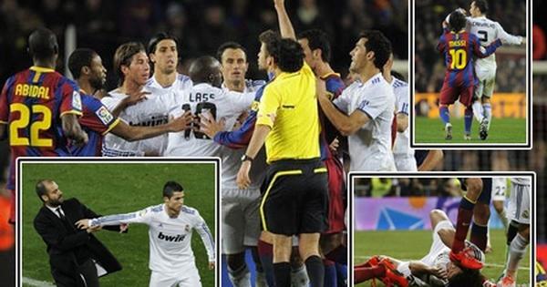 Tình huống va chạm nảy lửa giữa Pepe (Real Madrid) và Dani Alves (Barcelona) dẫn đến thẻ đỏ gây tranh cãi trong trận bán kết Champions League.