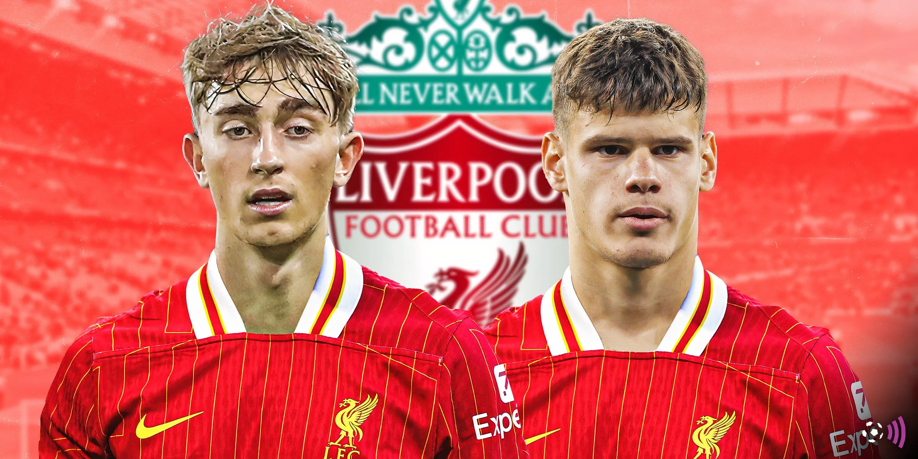 Ảnh ghép Milos Kerkez và Dean Huijsen trong màu áo Liverpool (dự kiến)