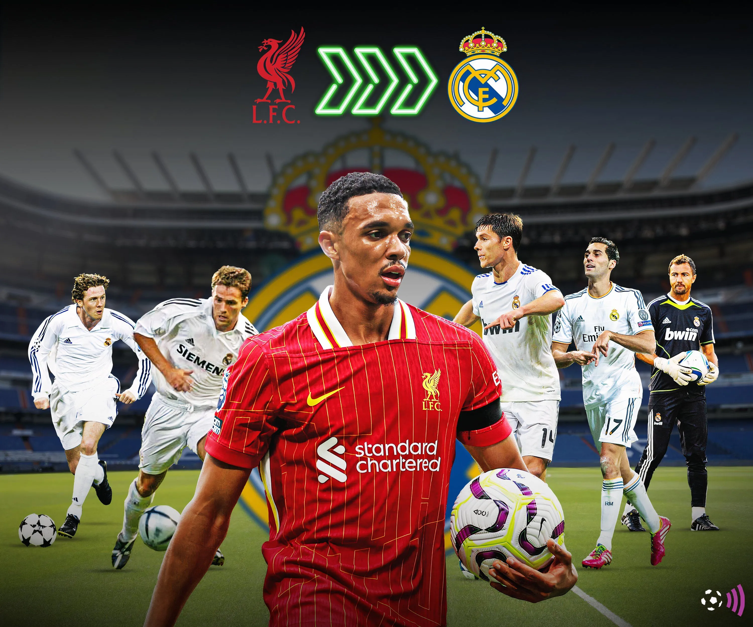 Dòng chữ kết nối Liverpool và Real Madrid với hình ảnh Alexander-Arnold, Owen, McManaman, Xabi Alonso