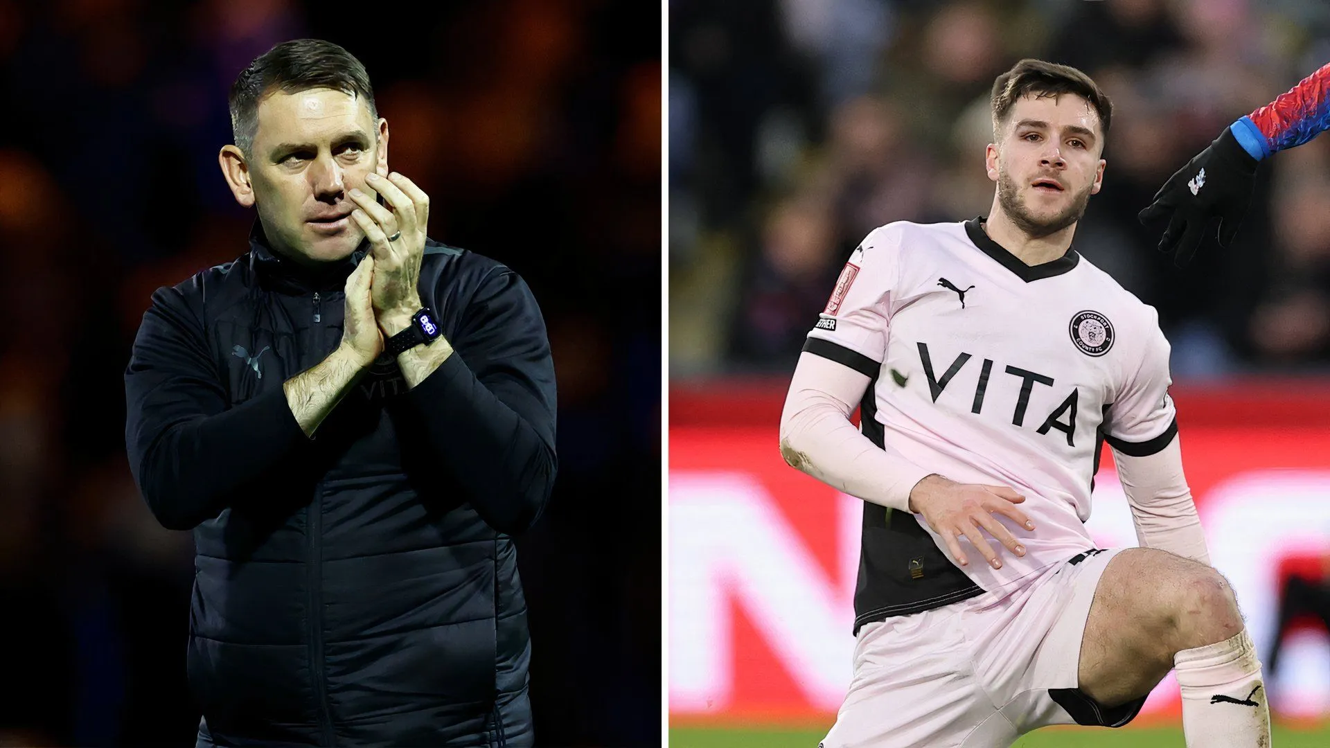 Huấn luyện viên Dave Challinor và cầu thủ Ethan Pye của Stockport County
