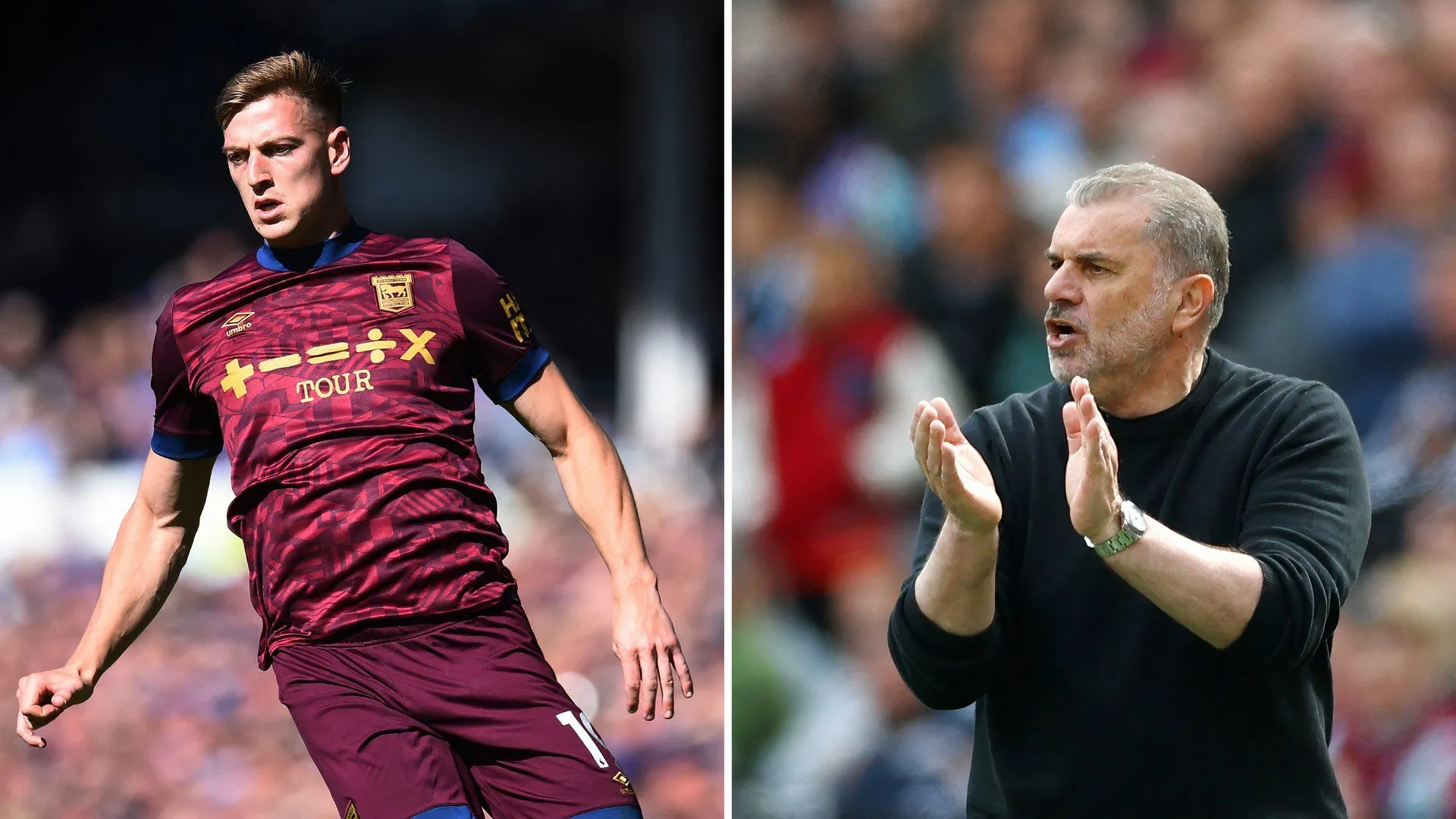 Liam Delap của Ipswich Town và HLV Ange Postecoglou của Tottenham - tin đồn chuyển nhượng