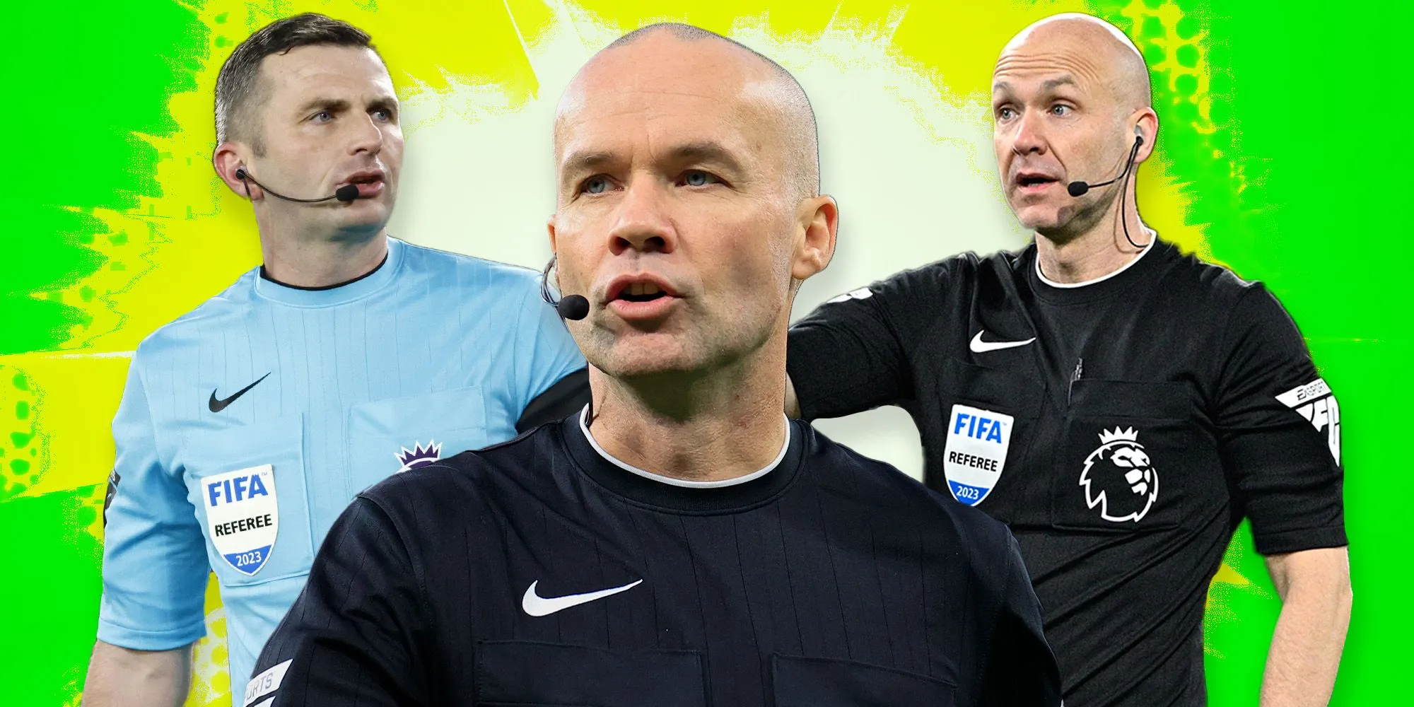 Tổng hợp hình ảnh các trọng tài Ngoại hạng Anh như Michael Oliver, Paul Tierney và Anthony Taylor.