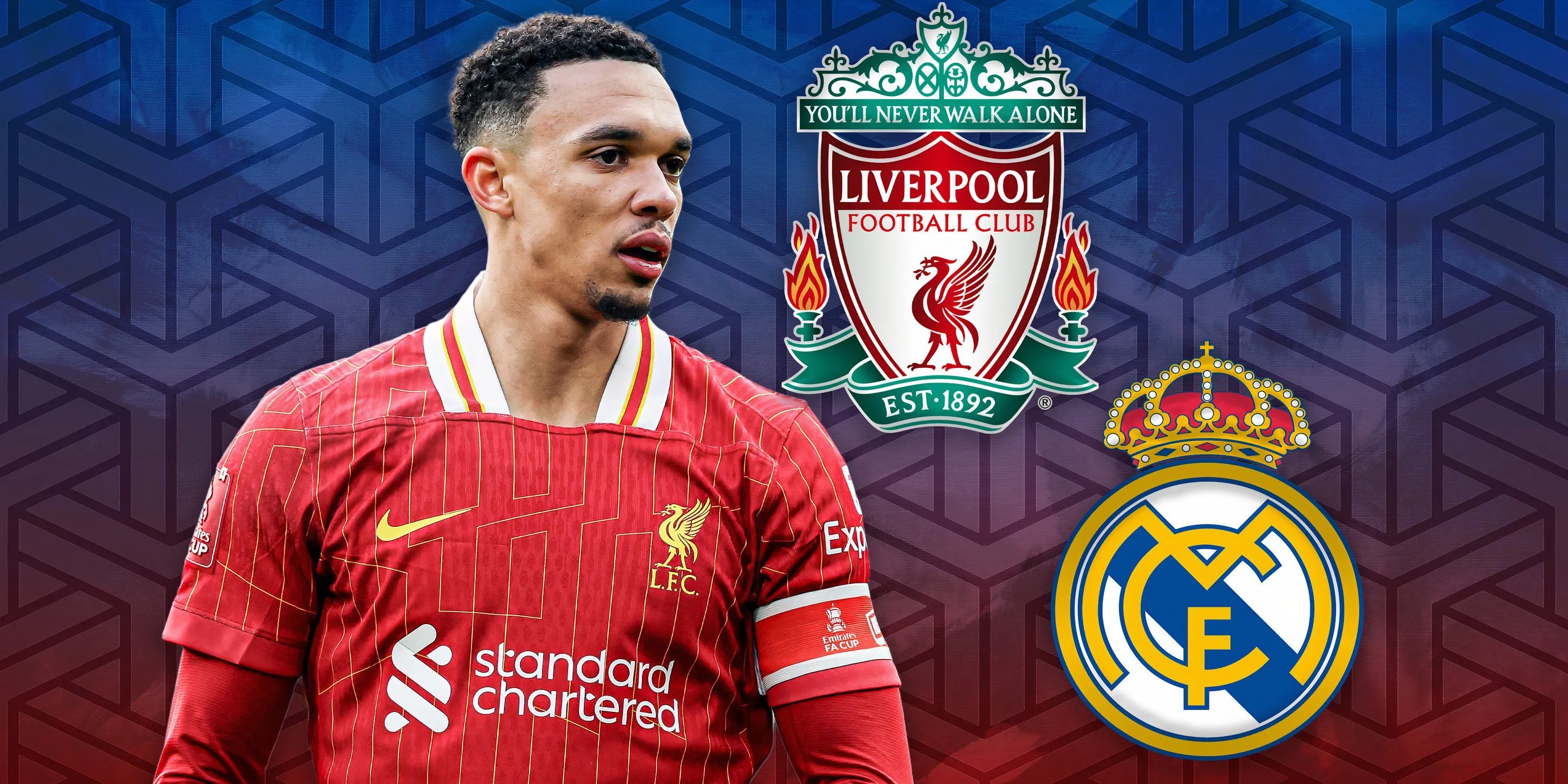 Trent Alexander-Arnold cùng logo Liverpool và Real Madrid tin đồn chuyển nhượng