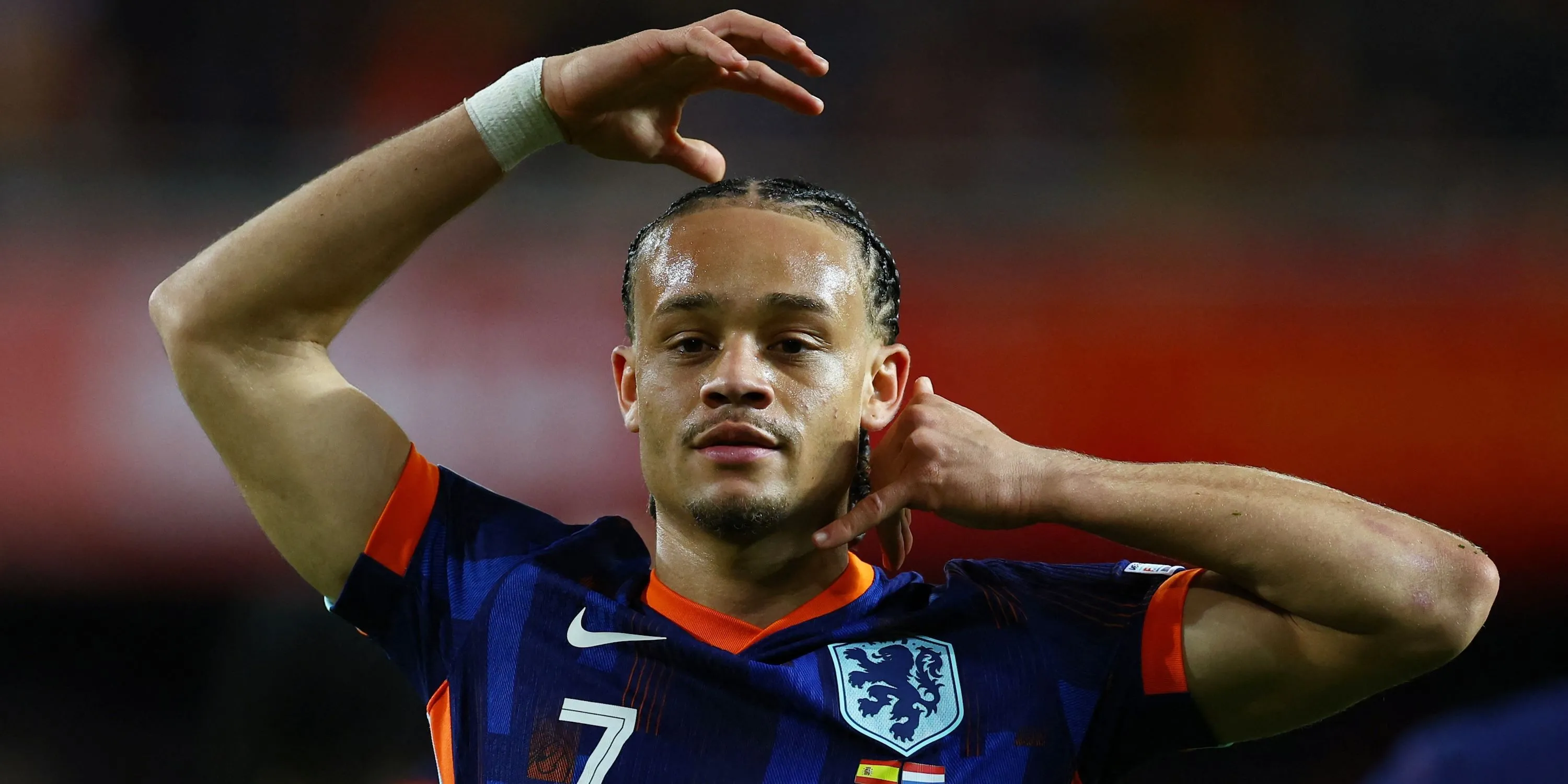 Netherlands Xavi Simons celebrates scoring their third goal