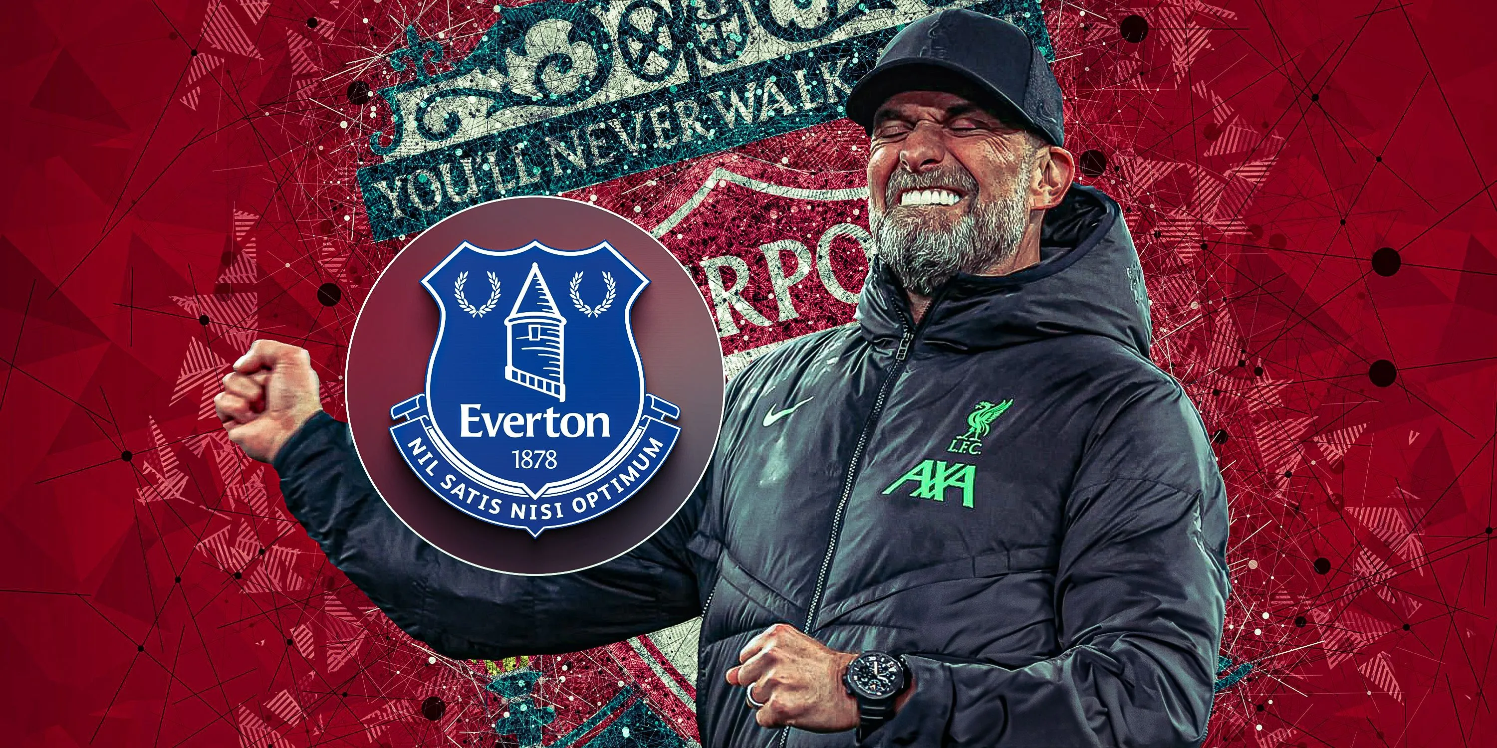 Huấn luyện viên Jurgen Klopp ăn mừng bên cạnh logo câu lạc bộ Everton